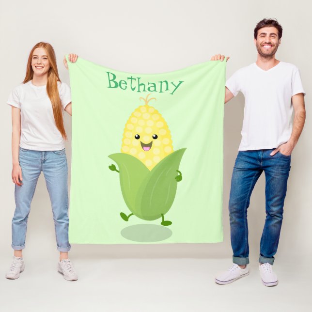 Cute happy corn cartoon illustration fleece blanket (In Situ)