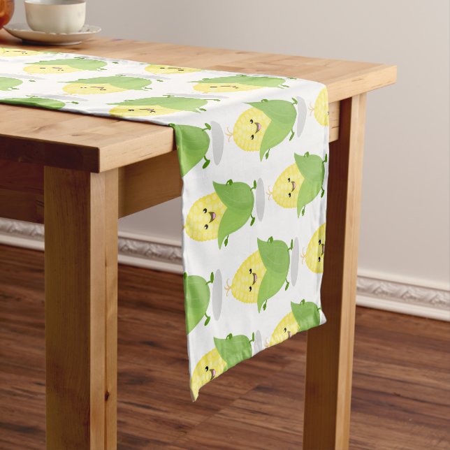 Cute happy corn cartoon illustration short table runner (In Situ)