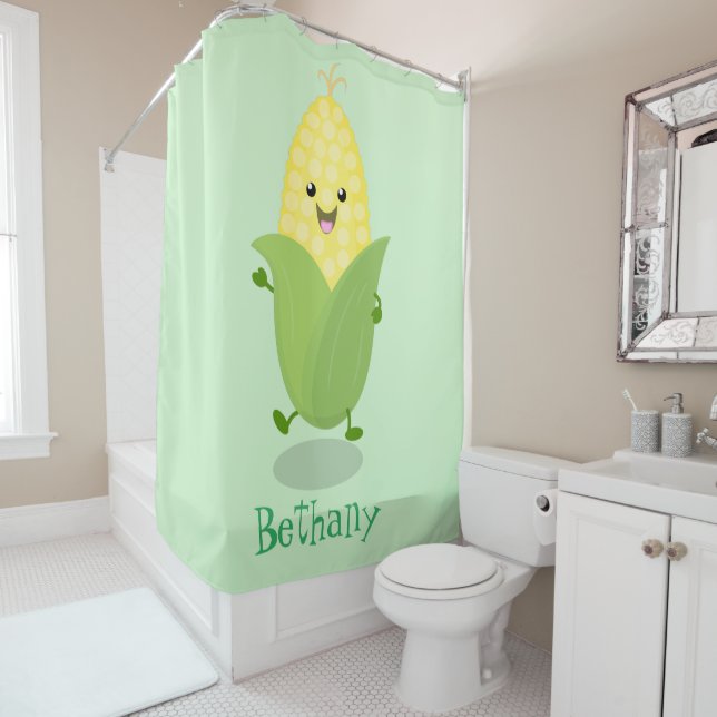Cute happy corn cartoon illustration shower curtain (In Situ)