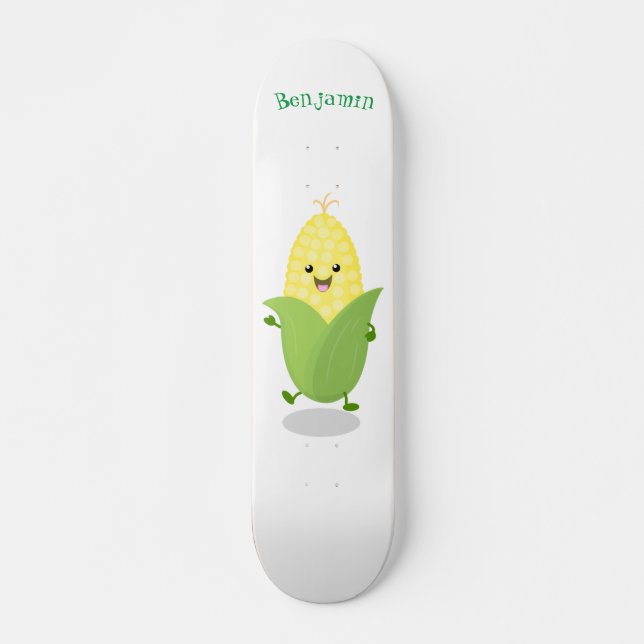 Cute happy corn cartoon illustration skateboard (Front)