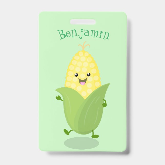 Cute happy corn cartoon personalised ID badge (Front)