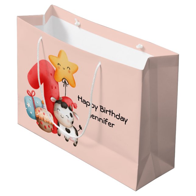Cute Happy Cow 1st Birthday Large Gift Bag (Front Angled)