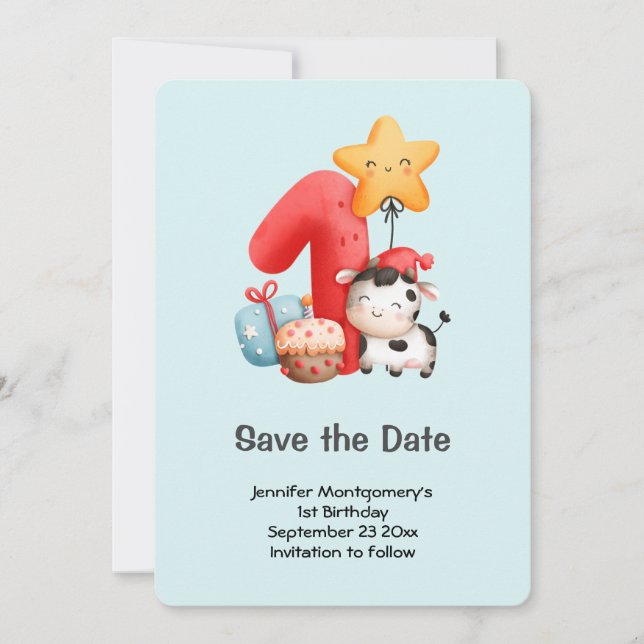 Cute Happy Cow 1st Birthday Save The Date (Front)