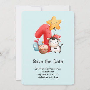Cute Happy Cow 1st Birthday Save The Date