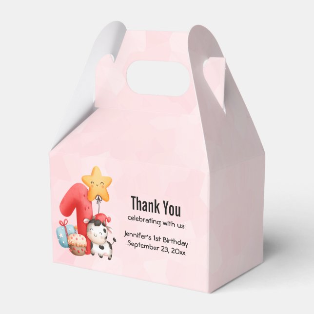Cute Happy Cow 1st Birthday Thank You Favour Box (Front Side)
