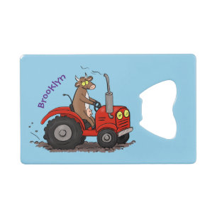 Cute happy cow driving a red tractor cartoon
