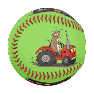 Cute happy cow driving a red tractor cartoon baseball