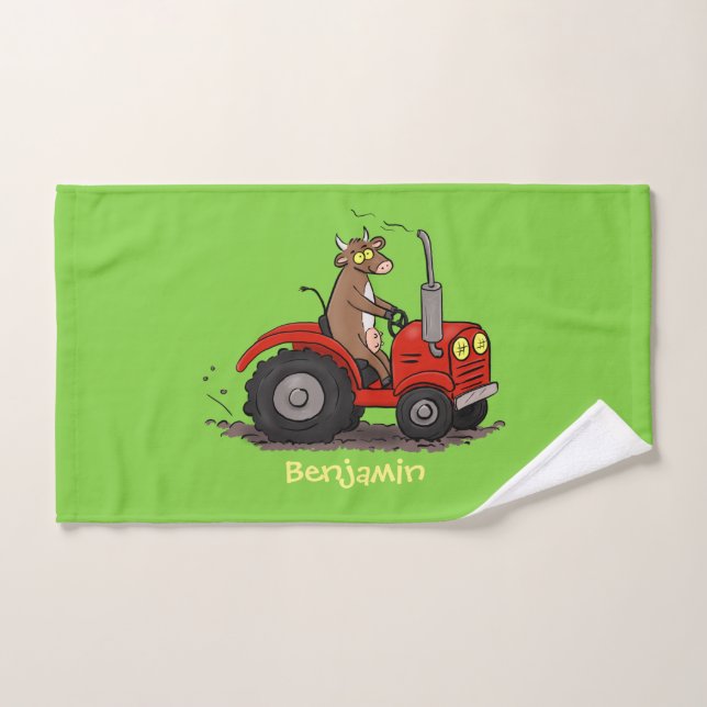 Cute happy cow driving a red tractor cartoon bath towel set (Hand Towel)