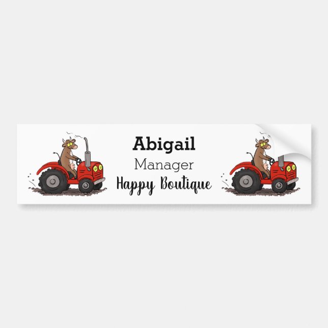 Cute happy cow driving a red tractor cartoon bumper sticker (Front)