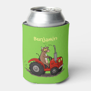 Cute happy cow driving a red tractor cartoon can cooler