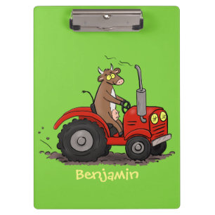 Cute happy cow driving a red tractor cartoon clipboard