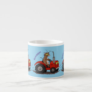 Cute happy cow driving a red tractor cartoon espresso cup