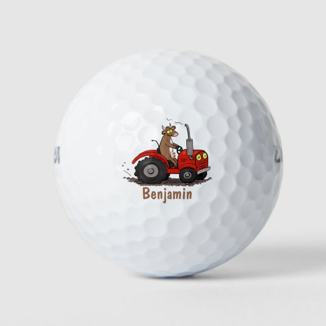 Cute happy cow driving a red tractor cartoon golf balls (Front)