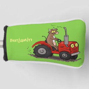 Cute happy cow driving a red tractor cartoon golf head cover