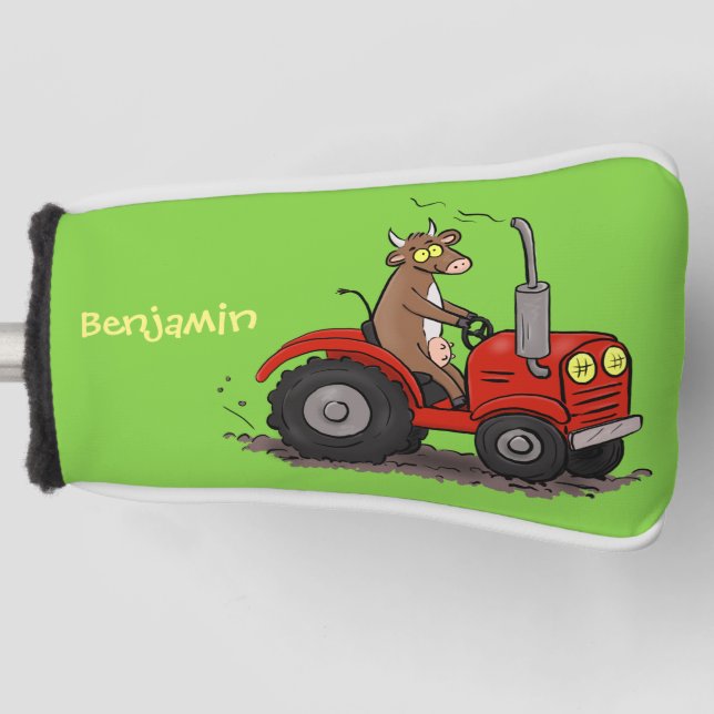 Cute happy cow driving a red tractor cartoon golf head cover (Front)