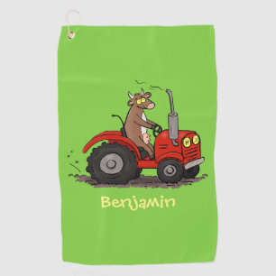 Cute happy cow driving a red tractor cartoon golf towel