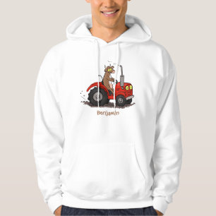 Cute happy cow driving a red tractor cartoon hoodie