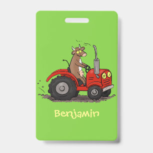 Cute happy cow driving a red tractor cartoon ID badge