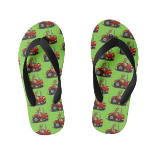 Cute happy cow driving a red tractor cartoon kid's jandals