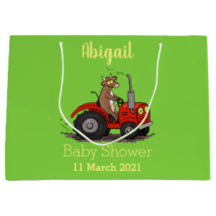 Cute happy cow driving a red tractor cartoon large gift bag