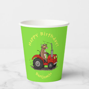 Cute happy cow driving a red tractor cartoon paper cups