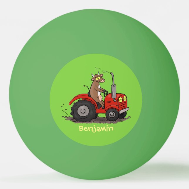 Cute happy cow driving a red tractor cartoon ping pong ball (Front)