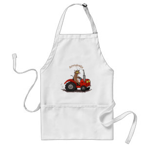 Cute happy cow driving a red tractor cartoon standard apron