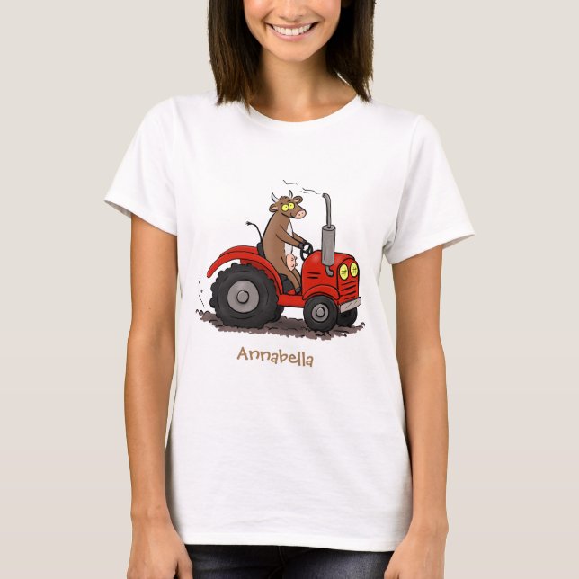 Cute happy cow driving a red tractor cartoon T-Shirt (Front)