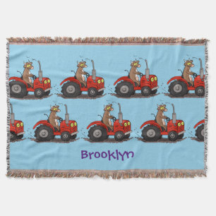 Cute happy cow driving a red tractor cartoon throw blanket