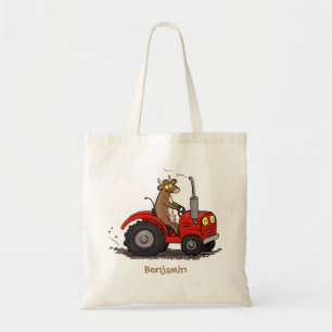 Cute happy cow driving a red tractor cartoon tote bag
