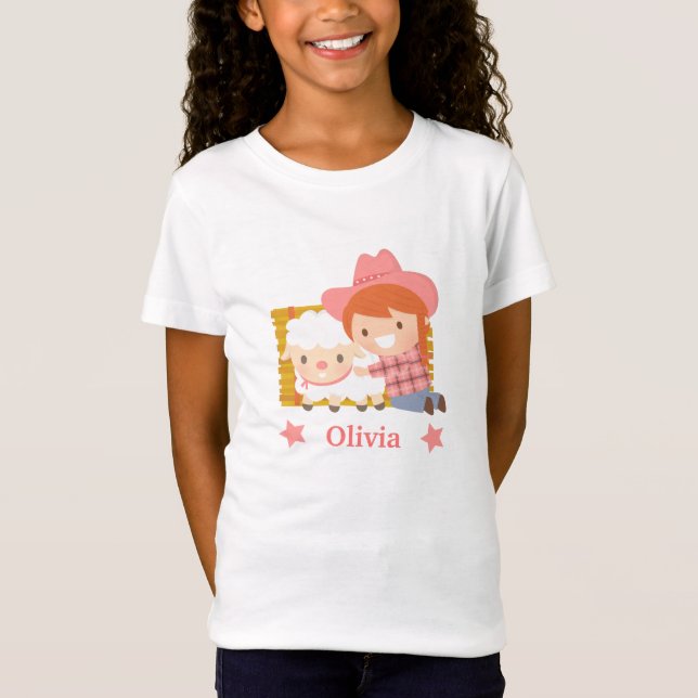 Cute Happy Cowgirl with Lamb For Girls T-Shirt (Front)