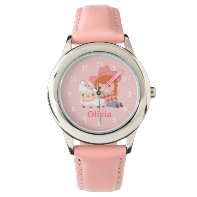 Cute Happy Cowgirl with Lamb For Girls Watch (Front)