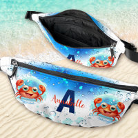 Cute Happy Crab Blue White Summer Vacation Name