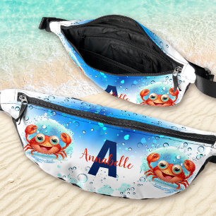 Cute Happy Crab Blue White Summer Vacation Name Bum Bags