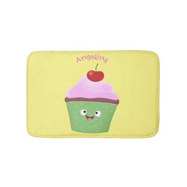 Cute happy cupcake cartoon illustration bath mat (Front)