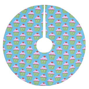 Cute happy cupcake cartoon illustration brushed polyester tree skirt