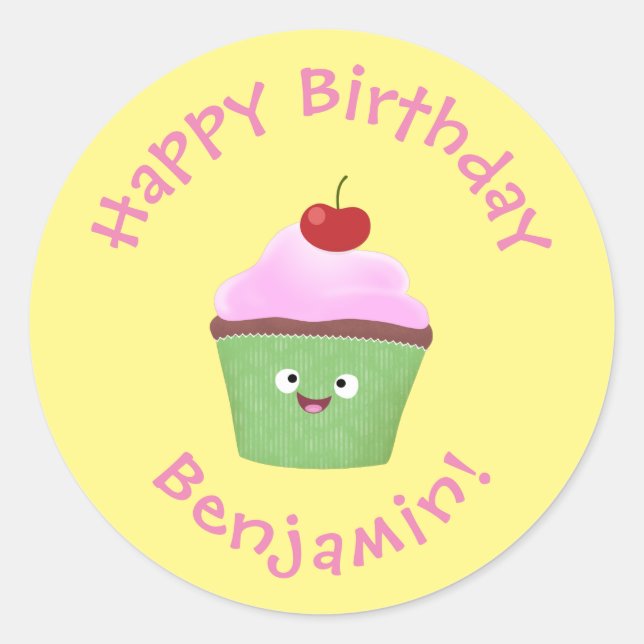 Cute happy cupcake cartoon illustration classic round sticker (Front)