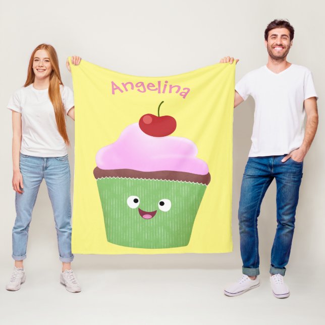 Cute happy cupcake cartoon illustration fleece blanket (In Situ)