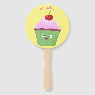 Cute happy cupcake cartoon illustration hand fan