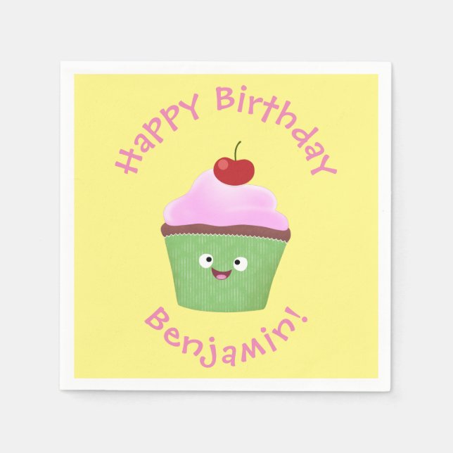 Cute happy cupcake cartoon illustration napkin (Front)