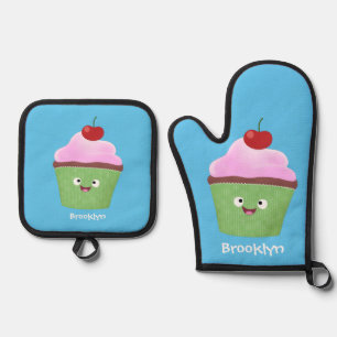 Cute happy cupcake cartoon illustration oven mitt & pot holder set