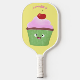 Cute happy cupcake cartoon illustration pickleball paddle