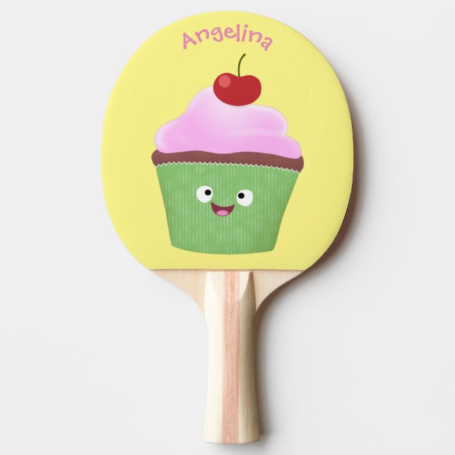 Cute happy cupcake cartoon illustration ping pong paddle (Front)