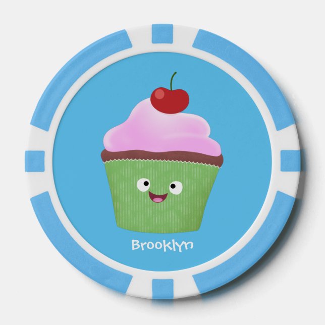 Cute happy cupcake cartoon illustration poker chips (Front)
