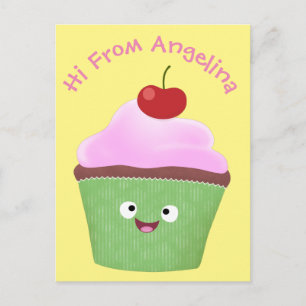 Cute happy cupcake cartoon illustration postcard