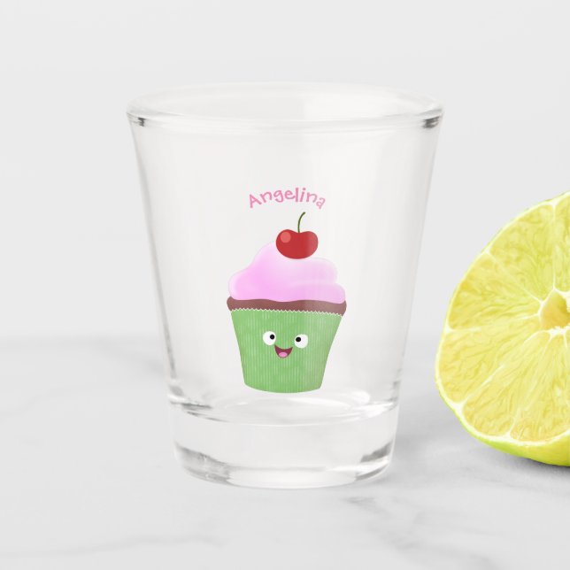 Cute happy cupcake cartoon illustration shot glass (Front)