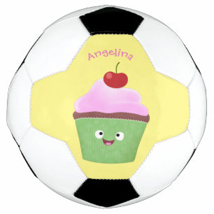 Cute happy cupcake cartoon illustration soccer ball