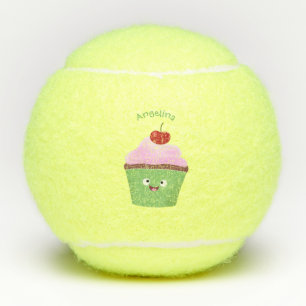Cute happy cupcake cartoon illustration tennis balls