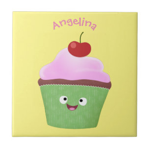 Cute happy cupcake cartoon illustration tile