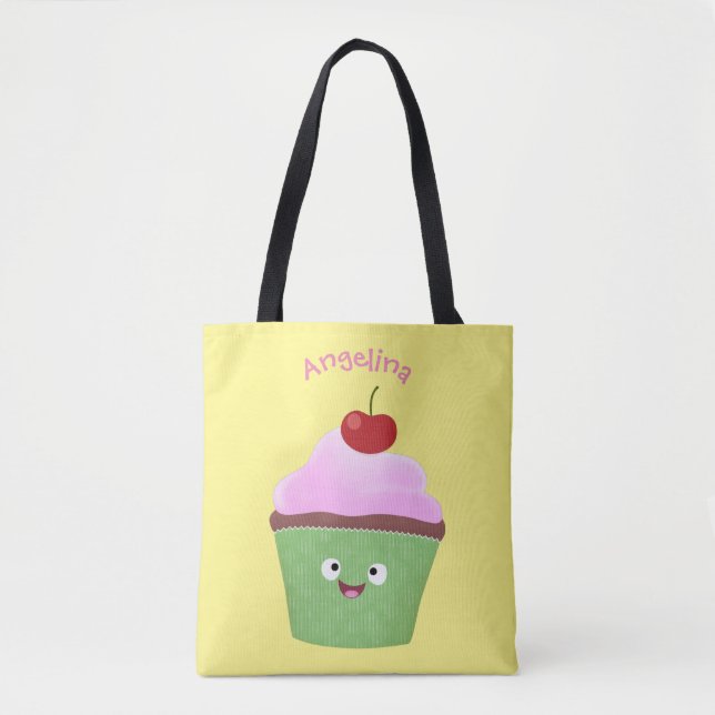 Cute happy cupcake cartoon illustration tote bag (Front)